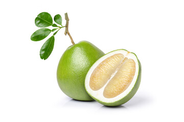 Pomelo fruit with green leaves and half sliced isolated on white background.