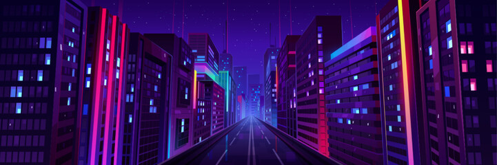 City street with houses and buildings with glowing windows at night. Cityscape with empty road, houses and skyscrapers with neon color ligth, vector cartoon illustration