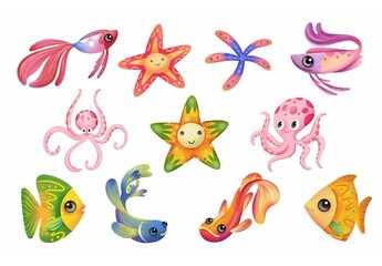 Starfish Octopus Fish Under The Sea Character Illustrations