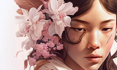 asian girl and white flowers. Generative AI