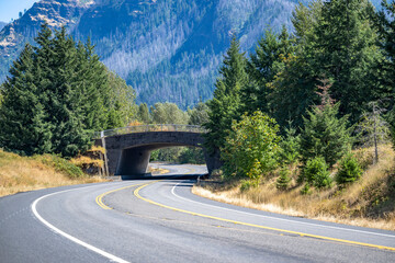 Small arched bridge over a winding highway in the scenic Columbia Gorge National Reserve area