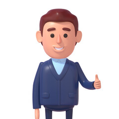 3d render of cheerful cartoon businessman showing thumbs up gesture