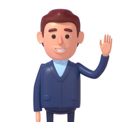 3d render of cheerful cartoon businessman waving hand in greeting gesture