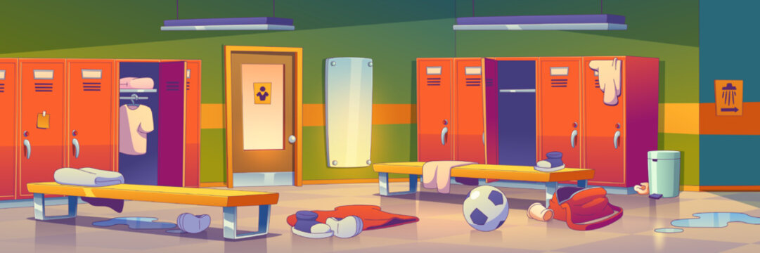 Messy Locker Room With Clutter, Soccer Ball, Clothes, Shoes, Bag, Trash And Water On Floor. School Gym Dressing Room Interior With Lockers, Benches, Mirror, Vector Illustration In Contemporary Style