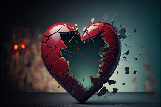 Red broken empty heart shell glass sculpture, isolated, 3d render, generative ai, illustration