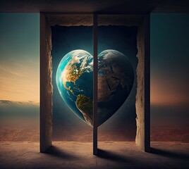 Heart shapped planet earth getting divided in two pieces inside a frame, generative ai