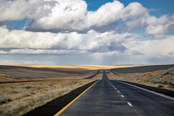 Two branches of the road with opposite direction of traffic go beyond the horizon among the mowed grass fields in Washington State