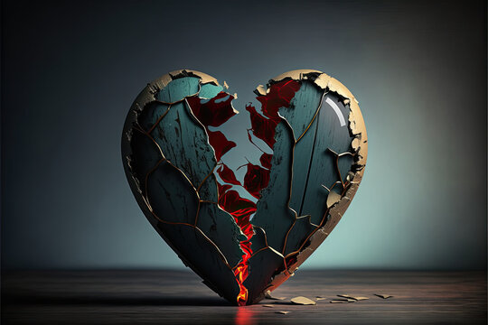 Blue and red broken heart sculpture, isolated, 3d render, generative ai, illustration