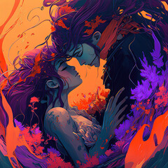 couple forehead touching in love colorful artwork, concepts of love, unconditional love