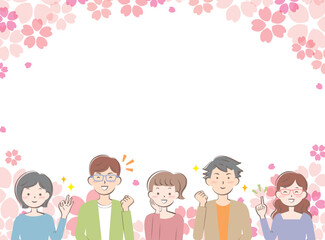 桜とカジュアル姿の若い男女のフレーム　笑顔