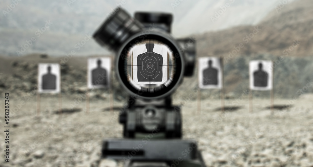 Wall mural sniper rifle scoping target view, image of a rifle scope sight used for aiming with a sniper weapon 