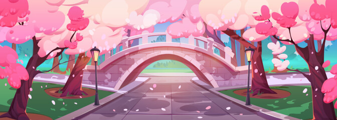 Urban park lane with bridge under blooming sakura trees. Cartoon vector illustration of cherry blossom with pink flowers, street lanterns, alley, green lawn in city garden. Beautiful spring landscape © klyaksun