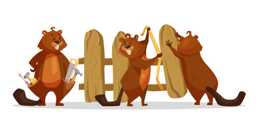 Cute comic beavers building fence vector illustration. Cartoon drawing of wild animal characters with wooden planks and tape measure isolated on white background. Wildlife, nature concept © Bro Vector