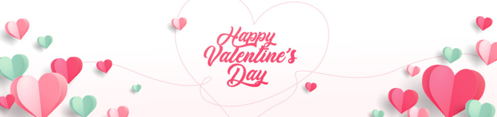 Valentine's day concept banner. Vector illustration. 3d red, pink and green paper hearts with frame on geometric background. Cute love sale banners or greeting cards, mobile apps, web.