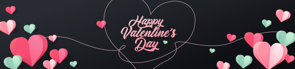 Fototapeta na wymiar Valentine's day concept banner. Vector illustration. 3d red, pink and green paper hearts with frame on geometric background. Cute love sale banners or greeting cards, mobile apps, web.