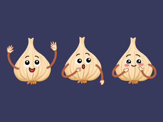 Obraz premium Three Garlic character mascot with hand gestures and facial expression. Vector illustration set collection isolated on plain blue background. Cooking ingredients cartoon drawing with simple art style.