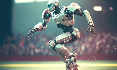 Obraz na płótnie Canvas Advanced robotic person playing football on the ground. Generative AI.