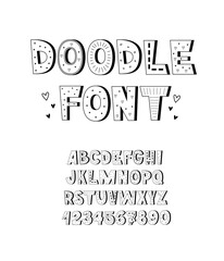 Doodle black and white font. Kids alphabet with decor. Cute english letters and numbers.
