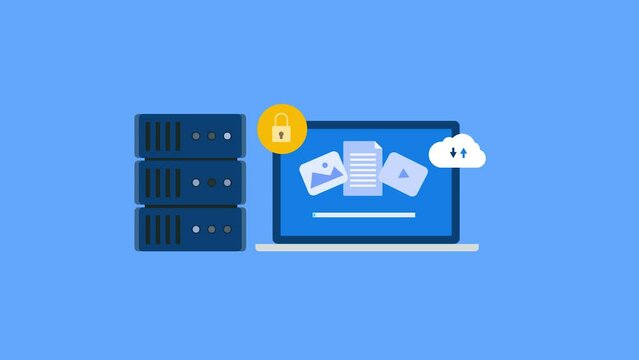 Online secure cloud storage and web hosting services, storing digital information on secure server databases, cloud computing technology animation concept.