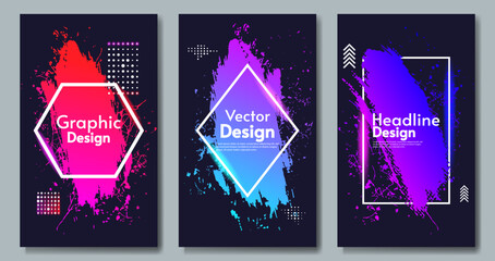 Set of poster illustrations. Art paint splash with neon frames. Bright gradient colors. Design for poster, brochure, banner, postcard, greeting card.