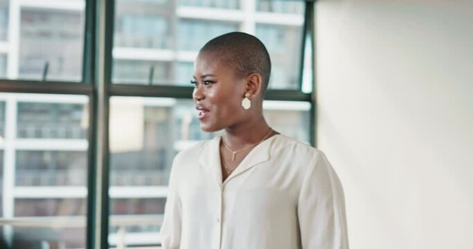Speaker, presentation or black woman in a meeting or proposal for corporate sponsorship funding in office room. Leadership or entrepreneur talking or speaking of business goals or sales growth ideas