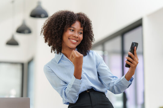 Business Black Woman Having Phone Conversation With Client In Office. Woman Reading News, Report Or Email. Online Problem, Finance Mistake, Troubleshooting