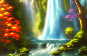 Artwork of a waterfall in a lush forest