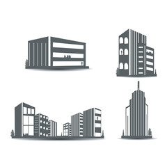 vector set of City silhouette in flat style. Modern urban landscape. Vector illustration. City skyscrapers building office, mall, hospital skyline on white background