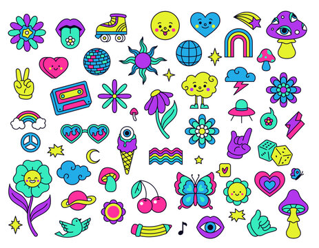 Naklejka Neon groovy elements cherry flowers and ice cream. Vector smile and flower, hippie and groovy psychedelic illustration design