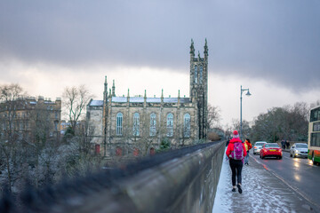 View of Edinburgh old towns around Dean Bridge & Rhema Christian Centre Church during winter snow...