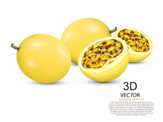 vector illustration realistic yellow passion fruits and half of passion fruits design template on the white background. Use for tasty passion fruits concept. - obrazy, fototapety, plakaty