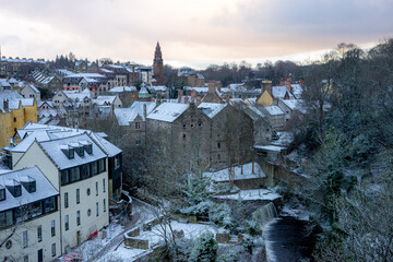 Obraz premium View of Edinburgh old towns around Dean Bridge & Rhema Christian Centre Church during winter snow evening at Edinburgh , Scotland : 27 February 2018
