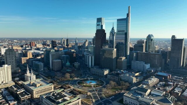 Aerial of Logan Circle and downtown Philadelphia on sunny day. Aerial view.