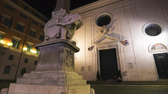 Piazza della Minerva elephant statue in Rome, Italy at night.