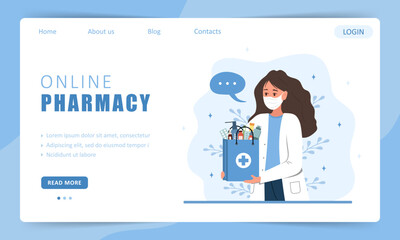 Delivery pharmacy service. Landing page template. Female pharmacist in mask holding paper bag with drugs and pills. Online medicine concept. Vector illustration in flat cartoon style.