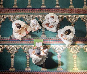 Above mosque carpet, group and quran for faith, religion and prayer for gratitude, peace or...