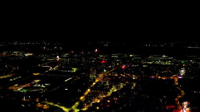 Drone Shot. Neujahr in Lahr im Schwarzwald, Feuerwerk an Silvester. Small German town.