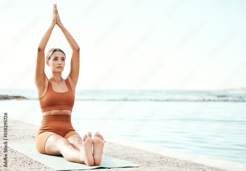 Sticker Fitness, yoga and zen, woman at beach stretching for meditation and training in nature for healthy lifestyle. Health, wellness and workout for girl at ocean, pilates exercise for balance at sea water