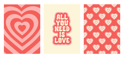 Groovy romantic set posters. Trendy backgrounds in retro style 60s, 70s. Happy Valentines day greeting card. Vector illustration