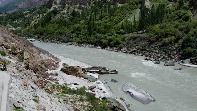 Aerial shot of Indus river at Hunza Gilgit baltistan.