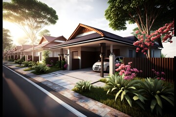 Row of houses with tropical trees and flowers - Generative AI