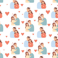 Seamless pattern with loving people. Happy loving couple hugging on white background. Vector illustration. Romantic endless background for valentine, packaging, textiles, printing.