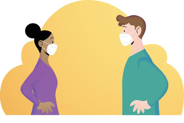 Young woman and man profile face to face, wearing protective FFP2 KN95 white masks. Masks are isolated from characters and can be removed to reveal bare faces. Protect from covid-19 pandemic. 