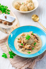 Homemade Bavarian bread dumpling with creamed mushroom sauce