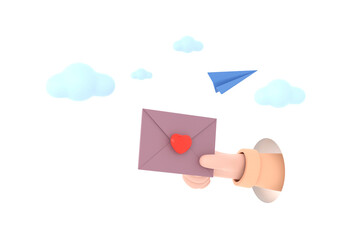 Icon envelope letter, mail letter with red heart and paper plane.