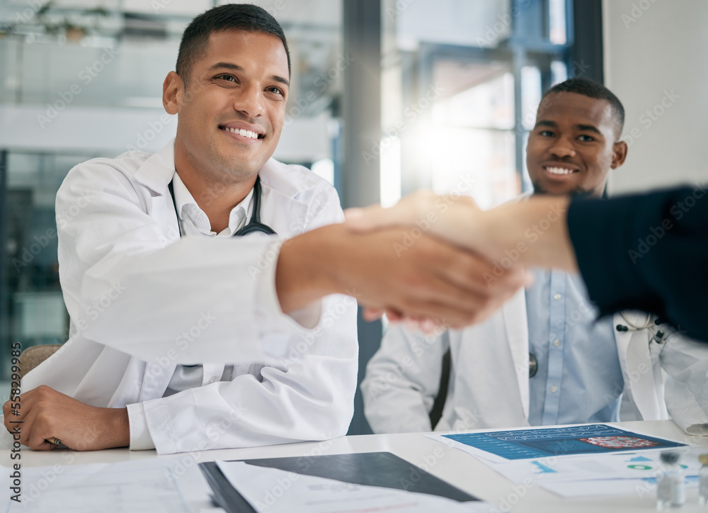 Canvas Prints Doctor, handshake and meeting with patient, smile and greeting for vaccination education, talk or help. Black man, doctors and shaking hands with client for wellness, healthcare or medicine in clinic