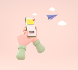 hand holding the smartphone with e-mail application on screen and paper plane.