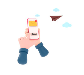 3D. hand holding the smartphone with e-mail application on screen and paper plane.