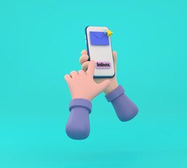 hand holding the smartphone with e-mail application on screen.