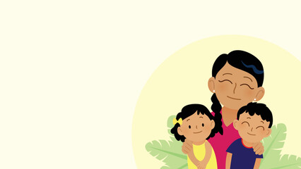 Family portrait vector illustration. Group of smiling characters with a mother and her children, a daughter and a son. Illustration for banner or card. 